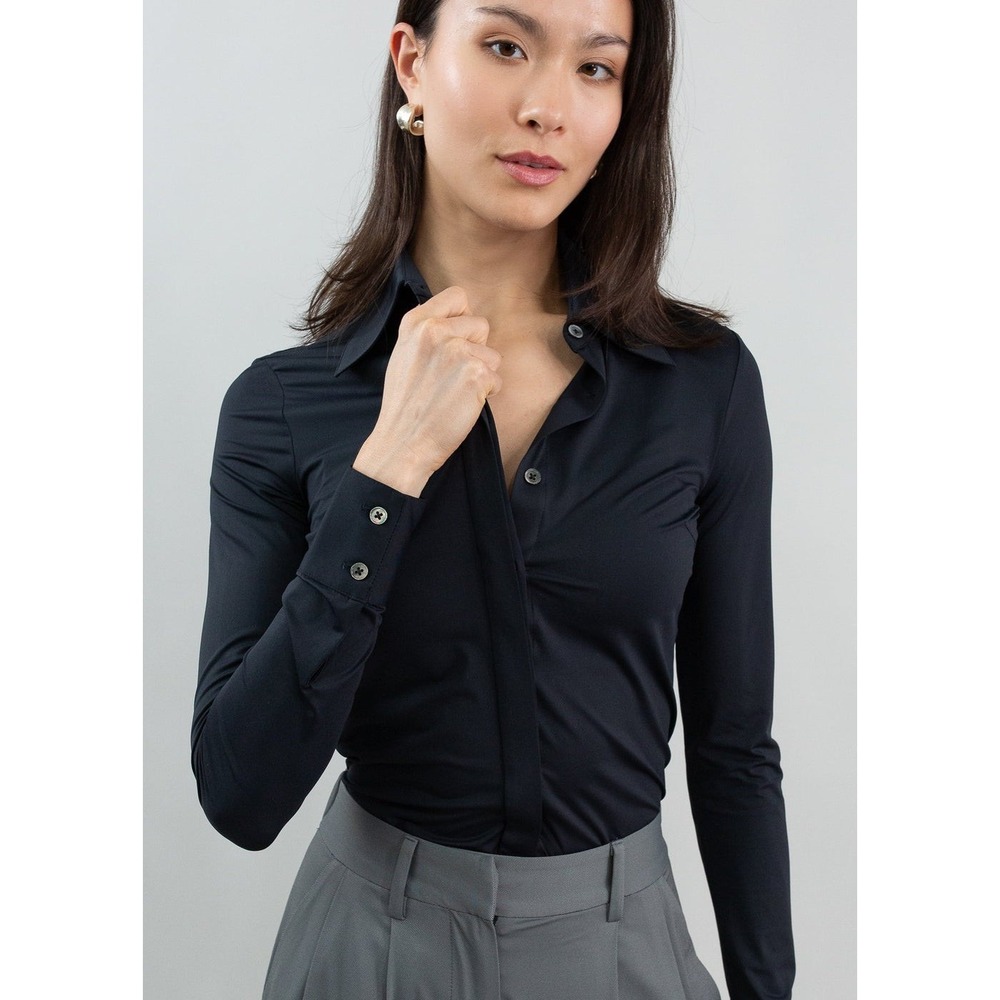 Luxeire Shirt Black Button-Down Long Sleeve Stretch New Size XXS Fitted Designer - Picture 2 of 11